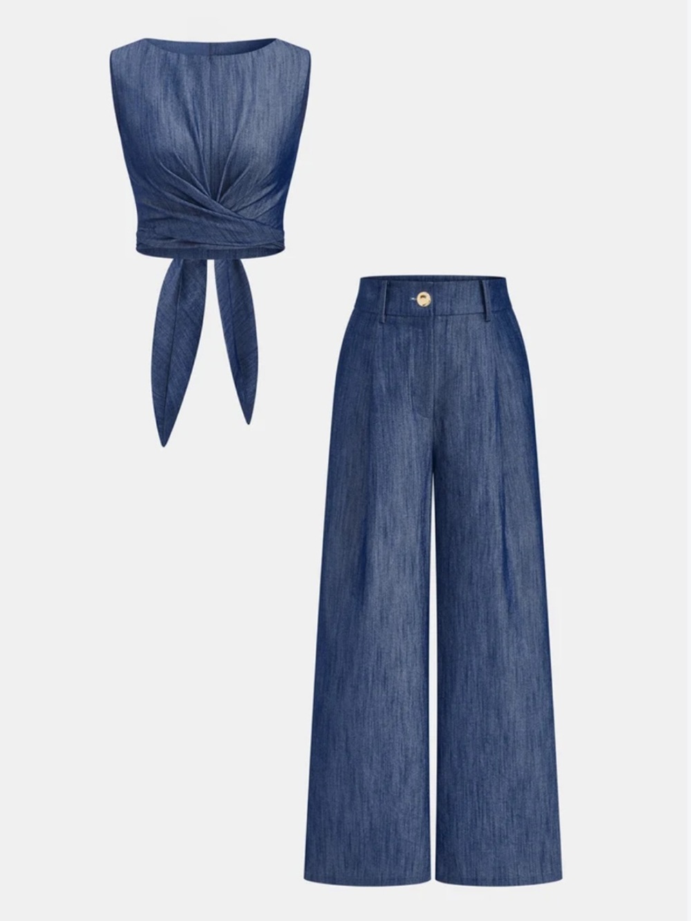 NWT Commense Sleeveless Tie-Front Crop Top & Wide-Leg Pants Set - Blue